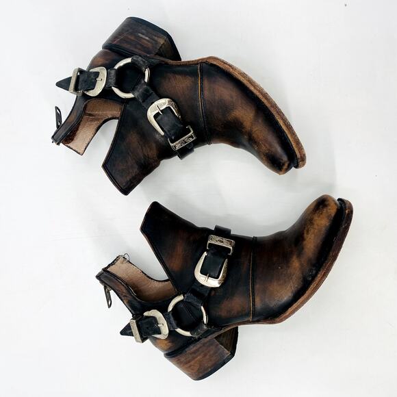 CRUE Leather Backlace Booties Black Distressed | Freebird  Freebird Truce brown Leather Buckle Distressed Booties
